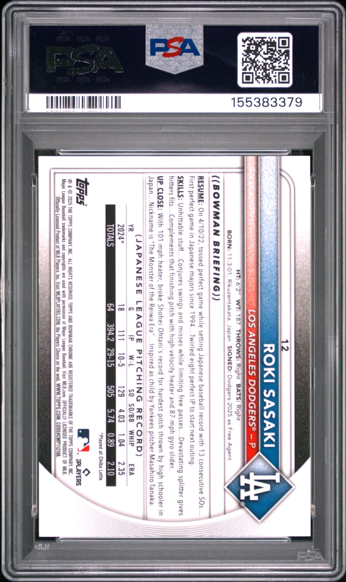 2025 Roki Sasaki Bowman Chrome, PSA 10 — back